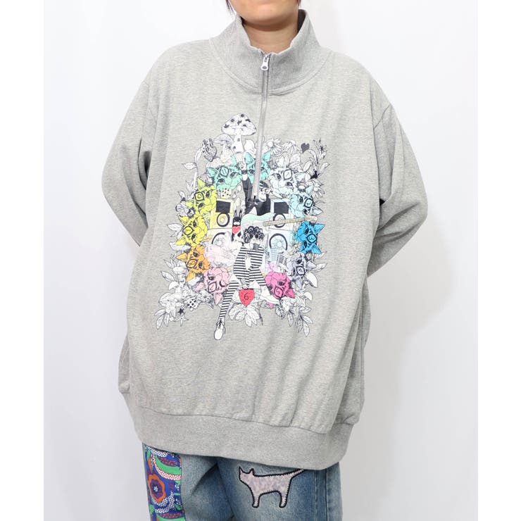 杢グレー | スカラーちゃんと時計と音楽柄裏毛チュニック | ScoLar