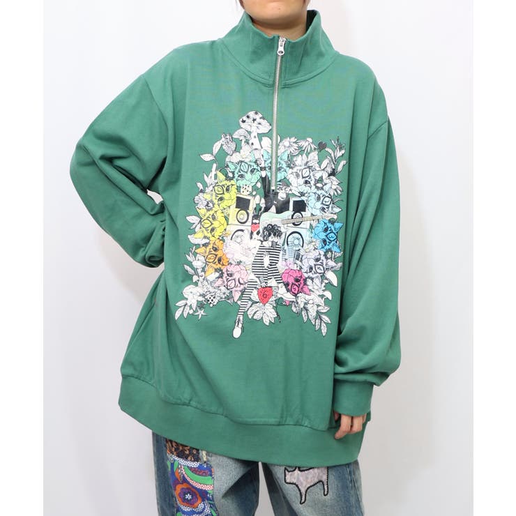 グリーン | スカラーちゃんと時計と音楽柄裏毛チュニック | ScoLar