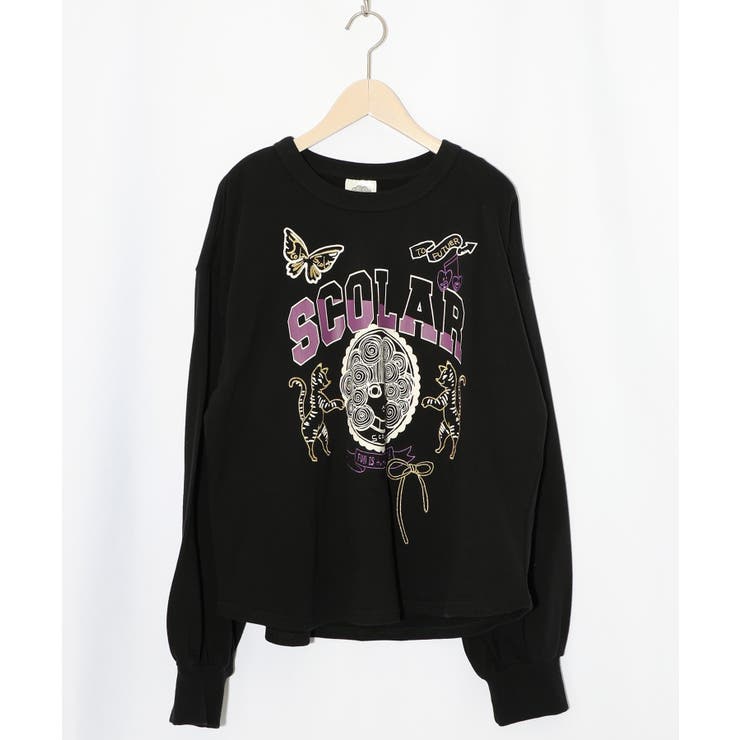 ブラック | スカラーちゃん×トラ×蝶刺繍 ミニ裏毛プルオーバー | ScoLar