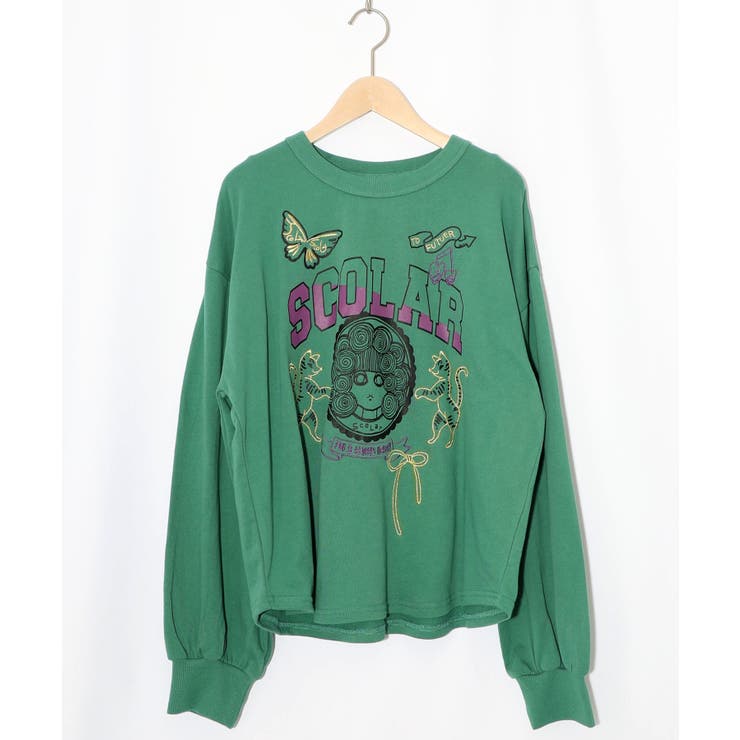 グリーン | スカラーちゃん×トラ×蝶刺繍 ミニ裏毛プルオーバー | ScoLar