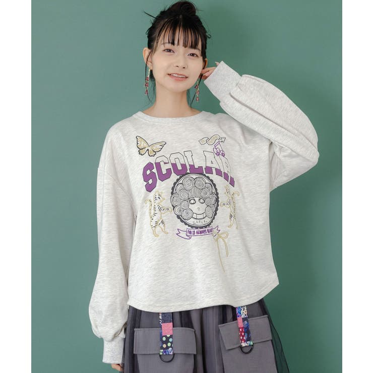 杢グレー | スカラーちゃん×トラ×蝶刺繍 ミニ裏毛プルオーバー | ScoLar