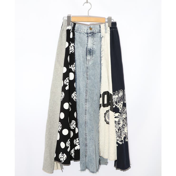 スカラーリメイク風 異素材切替デニムスカート[品番：SRSW0000368