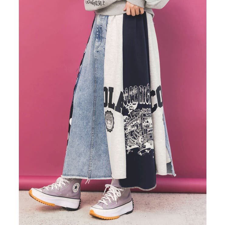 スカラーリメイク風 異素材切替デニムスカート[品番：SRSW0000368