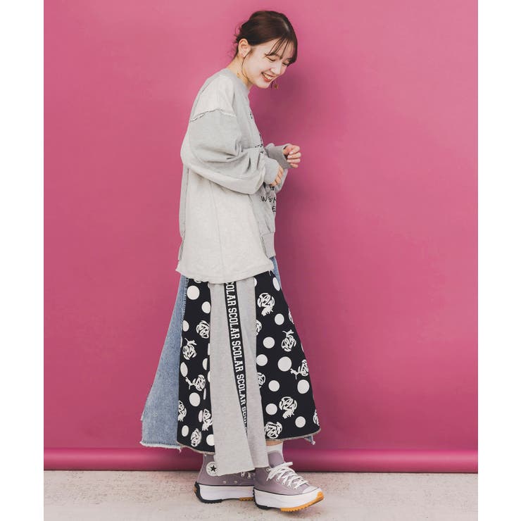 ScoLar 153717：スカラーリメイク風 異素材切替デニムスカート スカラーリメイク風 異素材切替デニムスカート[品番：SRSW0000368