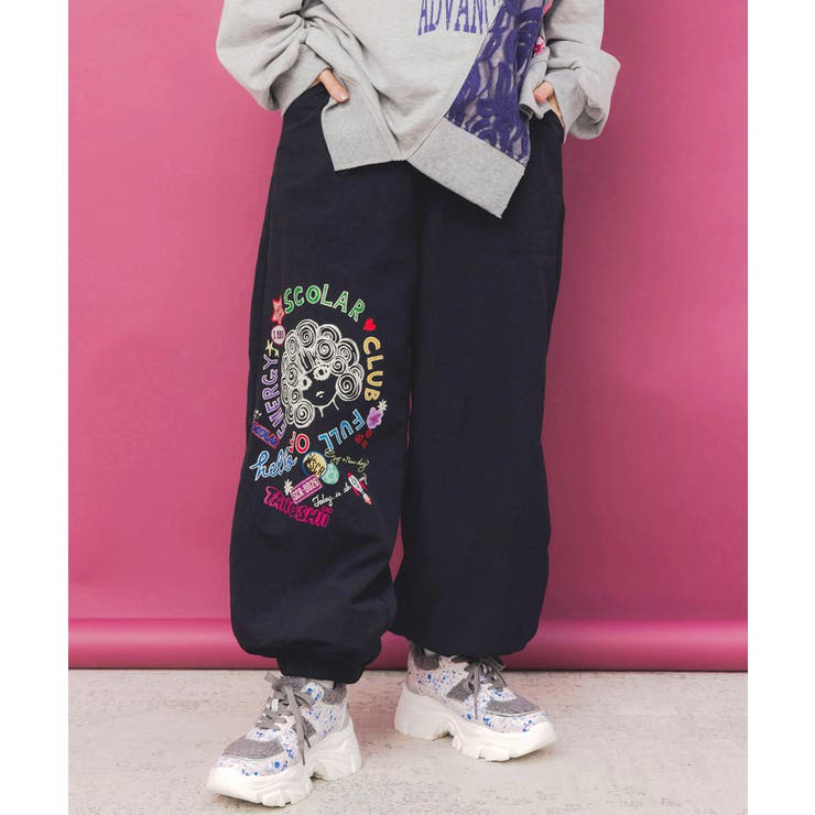 ブラック | ポップ柄裏フリースあったかナイロンパンツ | ScoLar