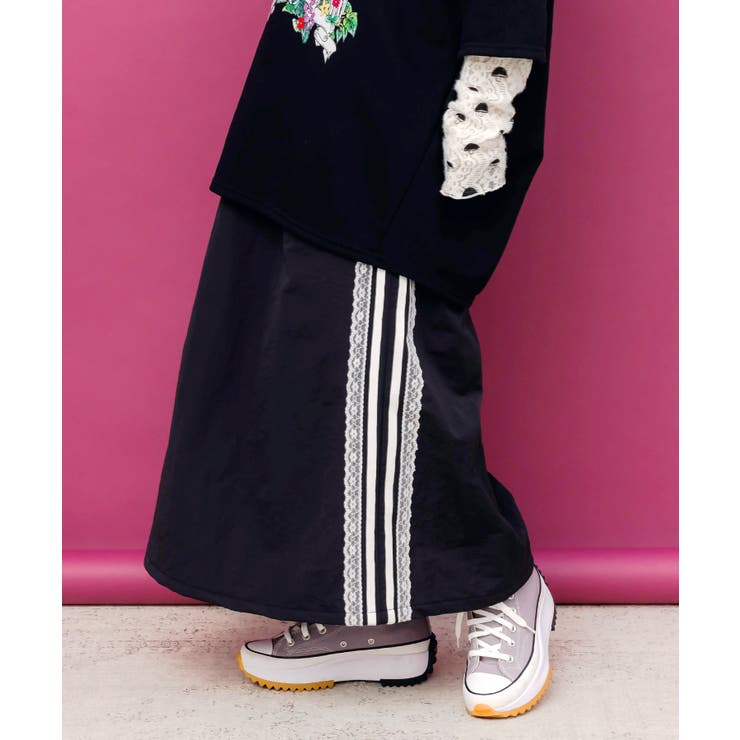 レース×ライン入りナイロンワッシャースカート | ScoLar | 詳細画像2 