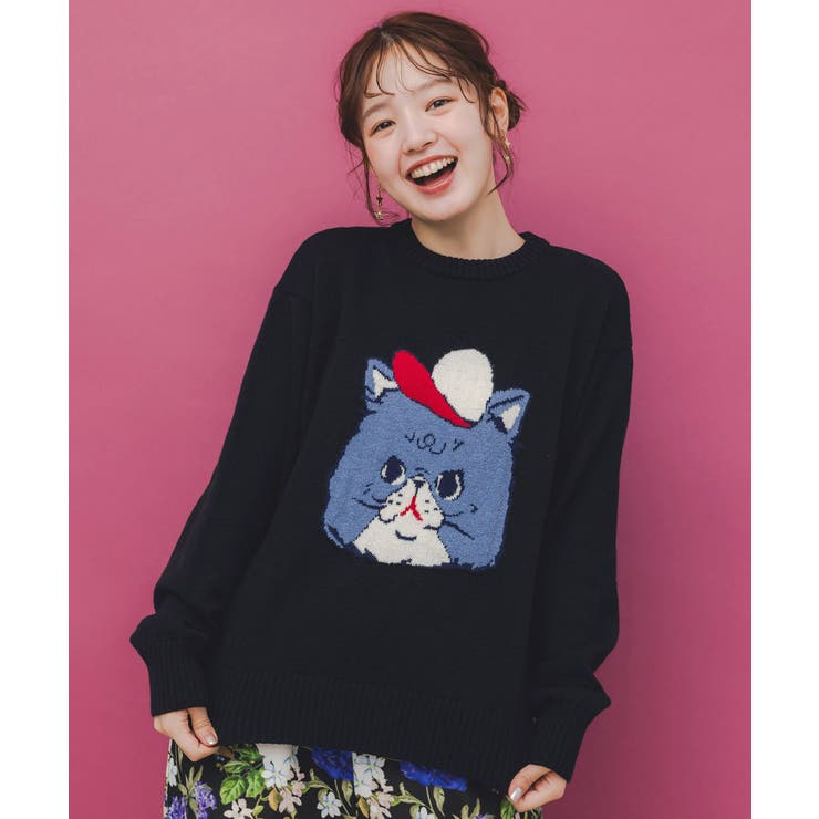ブラック | キャップネコ柄ジャガードニットプルオーバー | ScoLar