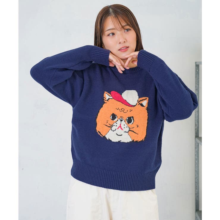 ネイビー | キャップネコ柄ジャガードニットプルオーバー | ScoLar