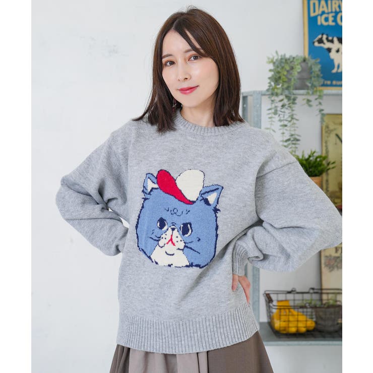 杢グレー | キャップネコ柄ジャガードニットプルオーバー | ScoLar