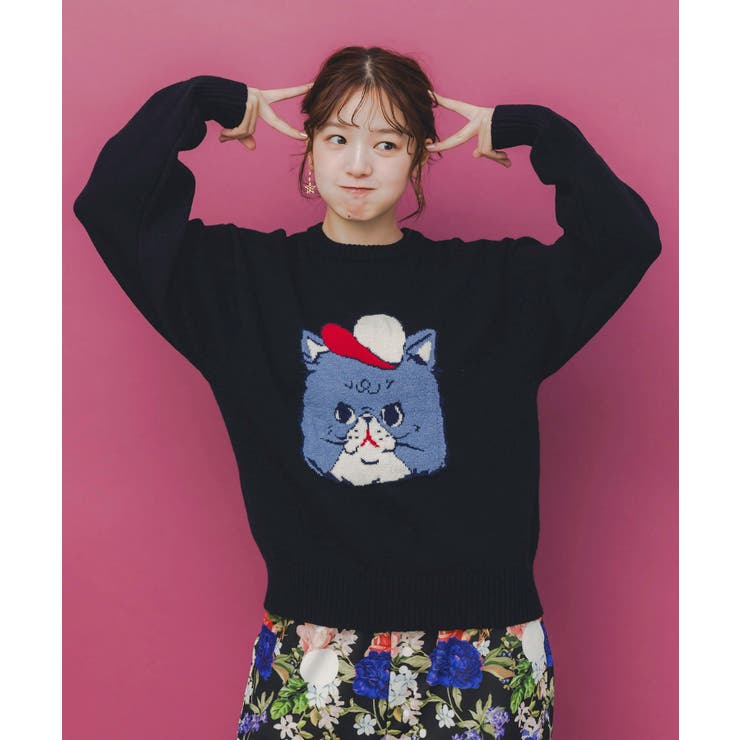 キャップネコ柄ジャガードニットプルオーバー | ScoLar | 詳細画像2 