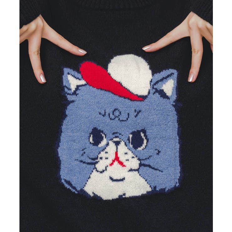 キャップネコ柄ジャガードニットプルオーバー | ScoLar | 詳細画像5 