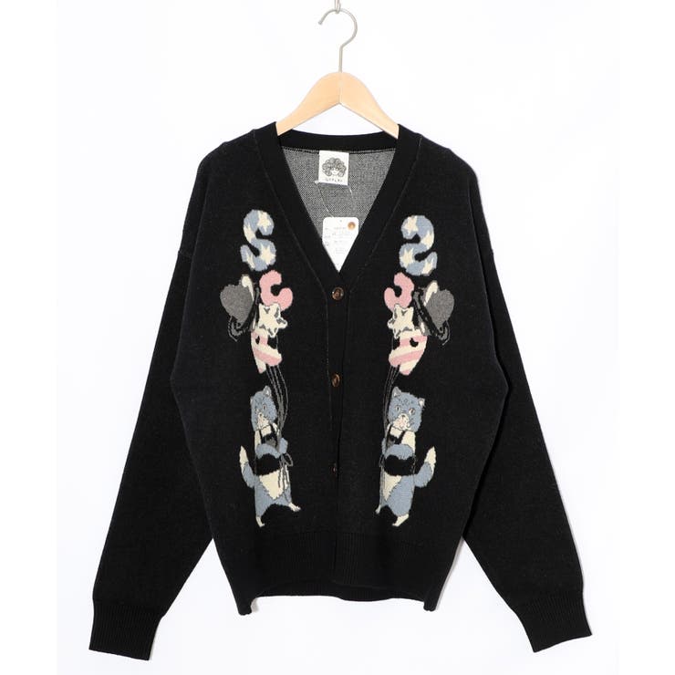 ブラック | 風船ネコちゃんジャガードニットカーディガン | ScoLar