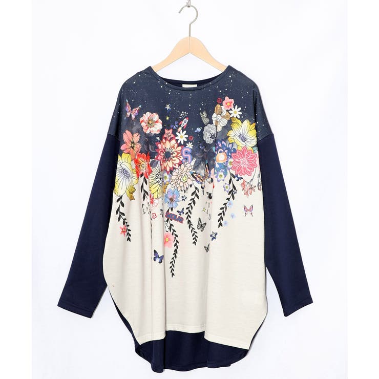 ネイビー | 花×夜空柄ミックス裏毛チュニック | ScoLar