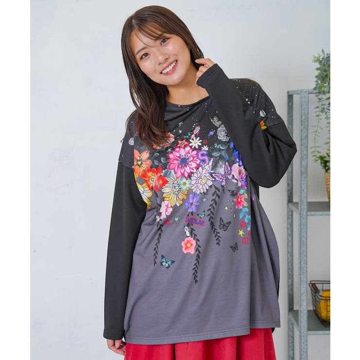 ブラック | 花×夜空柄ミックス裏毛チュニック | ScoLar