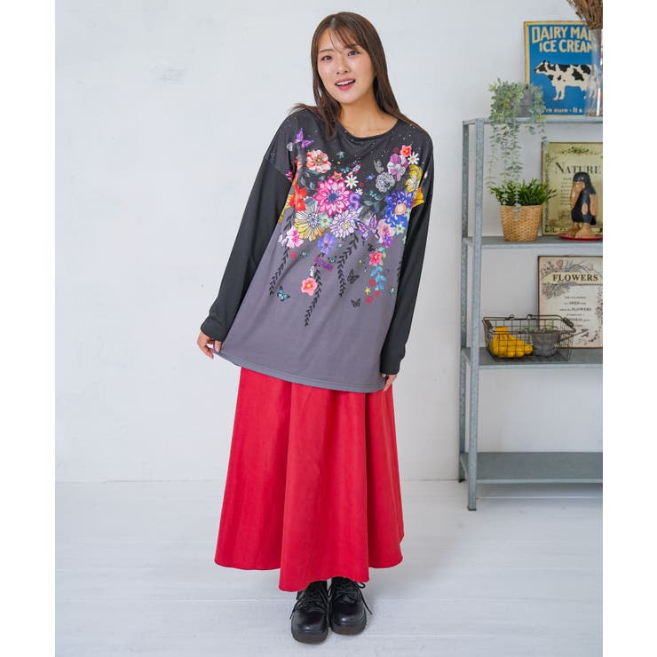 花×夜空柄ミックス裏毛チュニック | ScoLar | 詳細画像1 