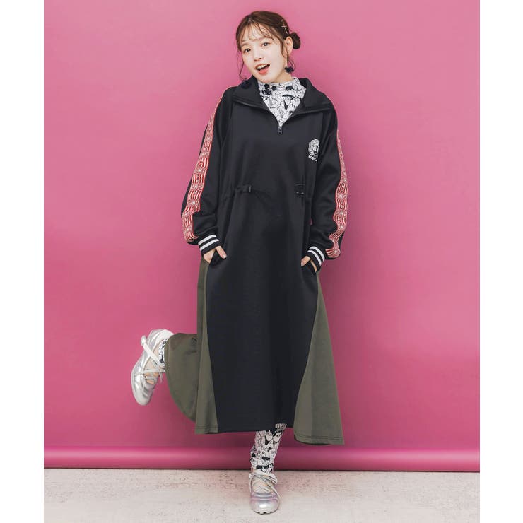 ブラック | バイカラー異素材 切替ジャージワンピース | ScoLar