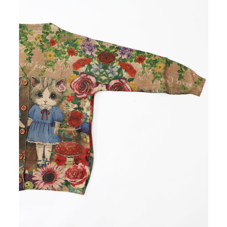 ネコ姉妹の秘密の花園柄 起毛ニットカーディガン[品番：SRSW0002212