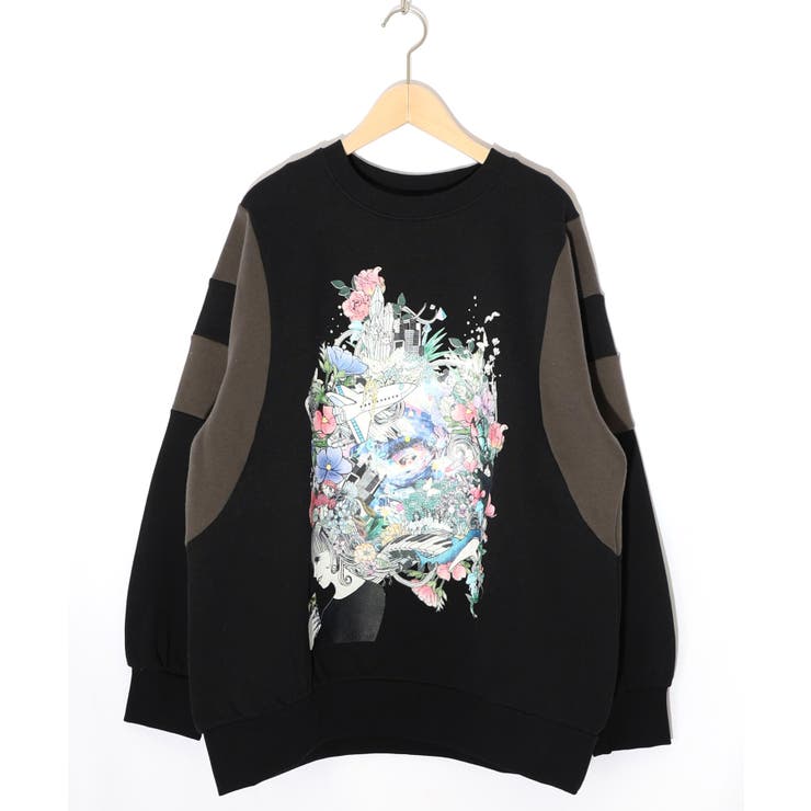 ブラック | 花×宇宙×アート バイカラー裏起毛プルオーバー | ScoLar