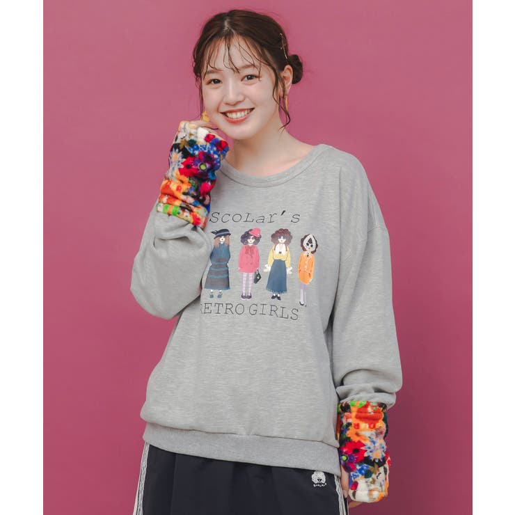 杢グレー | アームウォーマー付き レトロ柄裏毛プルオーバー | ScoLar