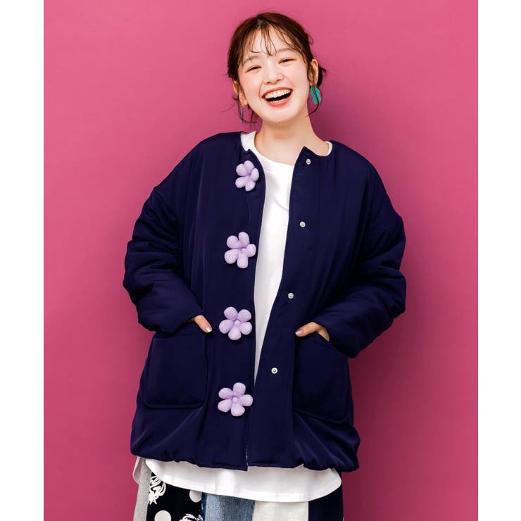 ネイビー | 花ボタン中綿アウター | ScoLar