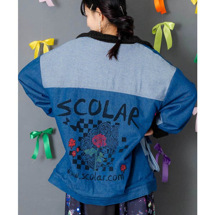 ネイビー | 落書きモザイク柄デニム×ボアジャケット | ScoLar