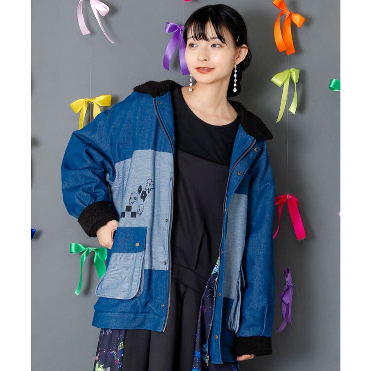 落書きモザイク柄デニム×ボアジャケット | ScoLar | 詳細画像1 