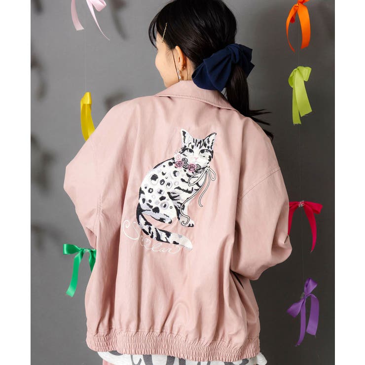 ピンク | ネコ刺繍フェイクレザー×裏地ブルゾン | ScoLar