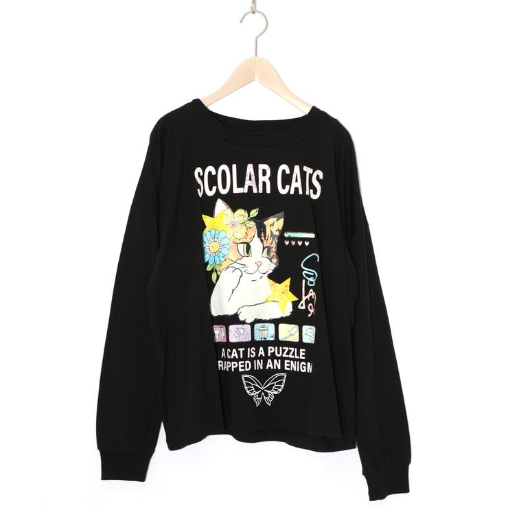 ブラック | ネコちゃんのデイリールーティン柄ロンT | ScoLar