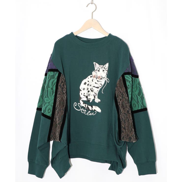 【NEW】スカラー（ScoLar）/ScoLar スカラー ネコ柄ミニ裏毛×起毛レース配色プルオーバー ネコ柄ミニ裏毛×起毛レース配色プルオーバー[品番：SRSW0002247