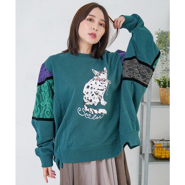 ネコ柄ミニ裏毛×起毛レース配色プルオーバー | ScoLar | 詳細画像2 