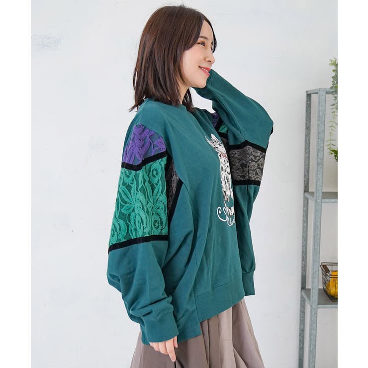 ネコ柄ミニ裏毛×起毛レース配色プルオーバー | ScoLar | 詳細画像3 