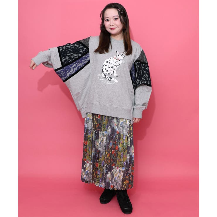 ネコ柄ミニ裏毛×起毛レース配色プルオーバー[品番：SRSW0002247