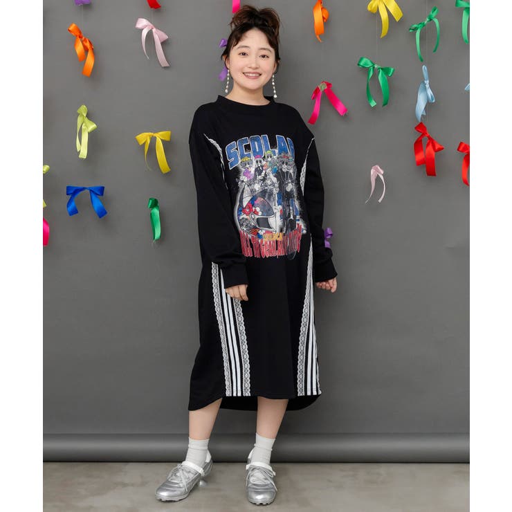 ブラック | レースライン×ロック柄ミニ裏毛ワンピース | ScoLar