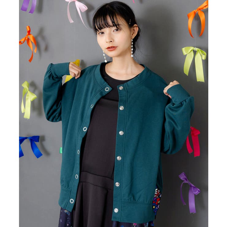 キャラクター刺繍 グリーン カーディガン L トイストーリー/ワッペンショート丈カーディガン/Green Parks