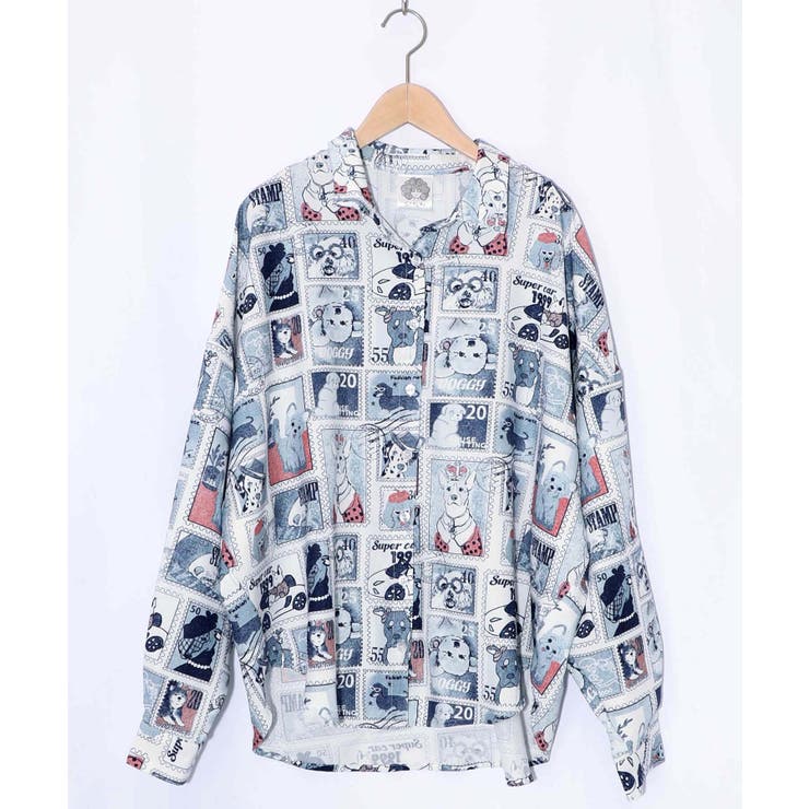 ブルー | わんorにゃんスタンプ柄 ワッシャーシャツ | ScoLar