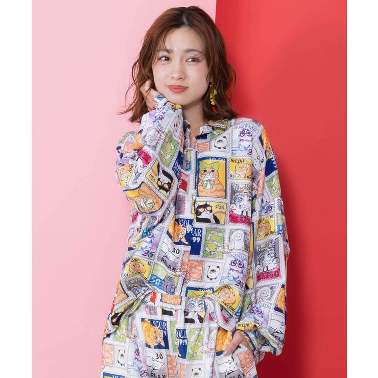 オフホワイト | わんorにゃんスタンプ柄 ワッシャーシャツ | ScoLar