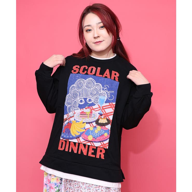 ブラック | スカラーちゃんの夕食柄レイヤード風配色プルオーバー | ScoLar