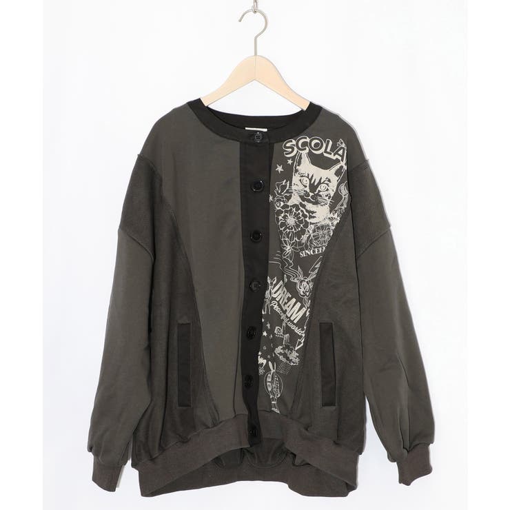 チョーク風柄裏毛×綿ツイル異素材切替カーディガン | ScoLar | 詳細画像9 