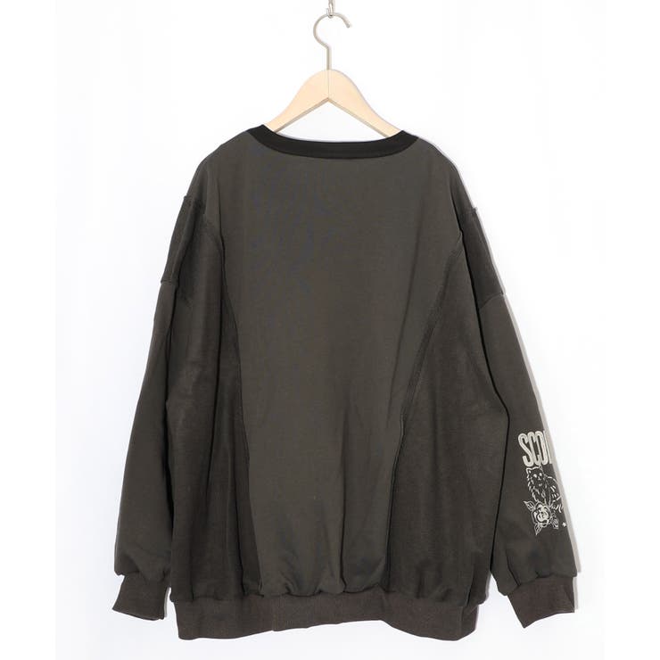 チョーク風柄裏毛×綿ツイル異素材切替カーディガン | ScoLar | 詳細画像10 