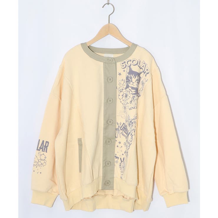 アイボリー | チョーク風柄裏毛×綿ツイル異素材切替カーディガン | ScoLar