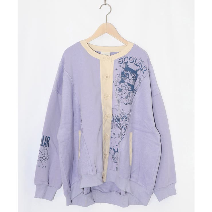 パープル | チョーク風柄裏毛×綿ツイル異素材切替カーディガン | ScoLar