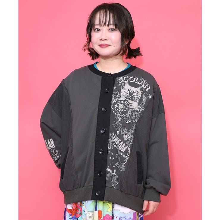 チャコールグレー | チョーク風柄裏毛×綿ツイル異素材切替カーディガン | ScoLar