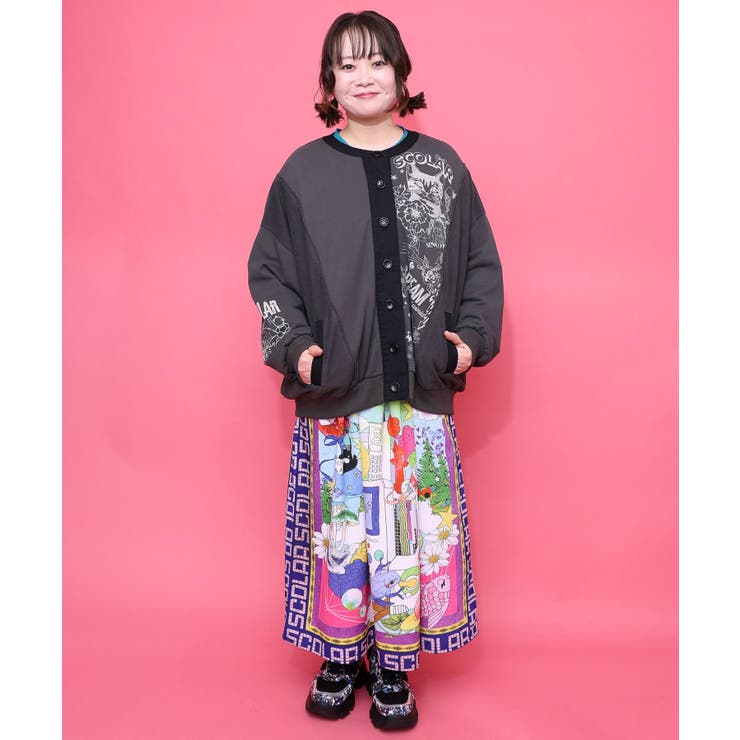 チョーク風柄裏毛×綿ツイル異素材切替カーディガン | ScoLar | 詳細画像1 