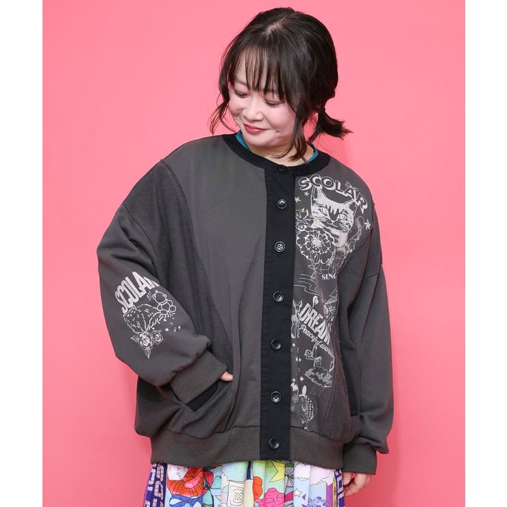 チョーク風柄裏毛×綿ツイル異素材切替カーディガン | ScoLar | 詳細画像2 