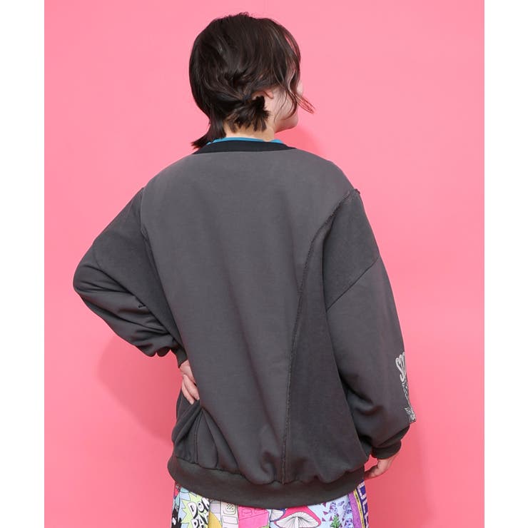 チョーク風柄裏毛×綿ツイル異素材切替カーディガン | ScoLar | 詳細画像4 