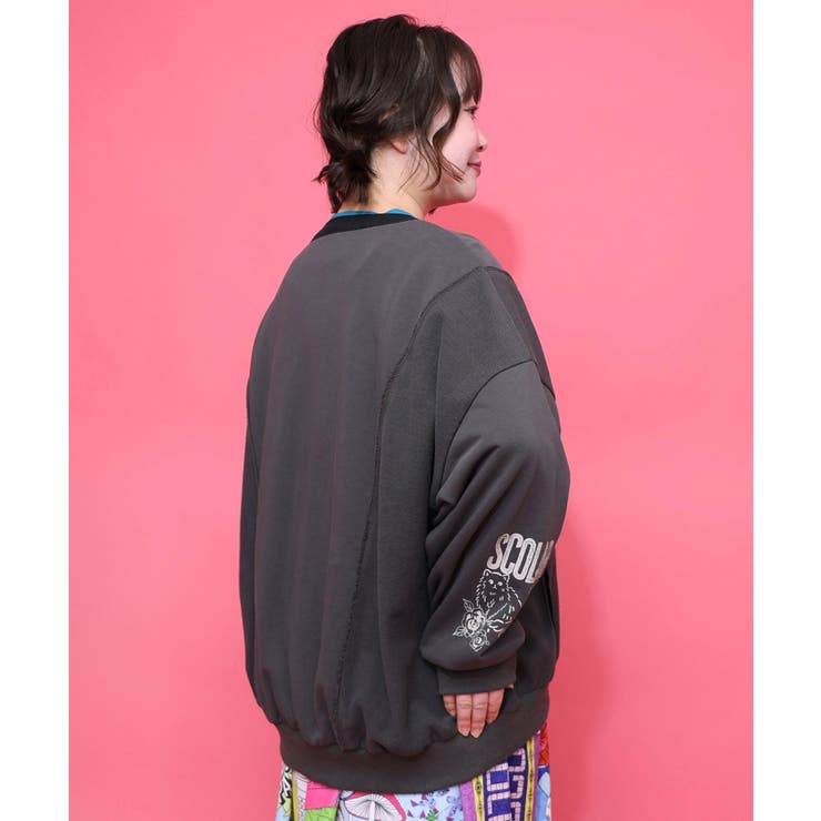 チョーク風柄裏毛×綿ツイル異素材切替カーディガン | ScoLar | 詳細画像6 