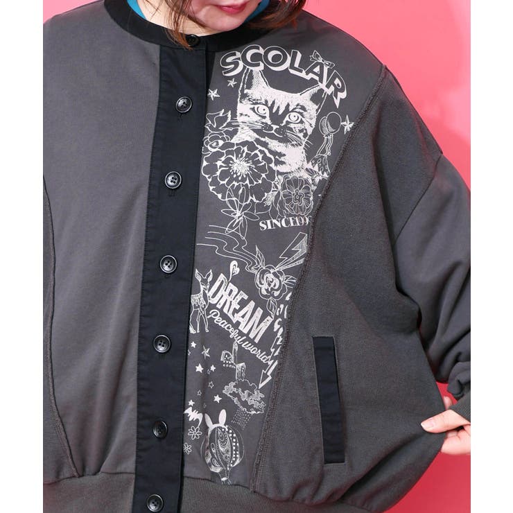 チョーク風柄裏毛×綿ツイル異素材切替カーディガン | ScoLar | 詳細画像7 