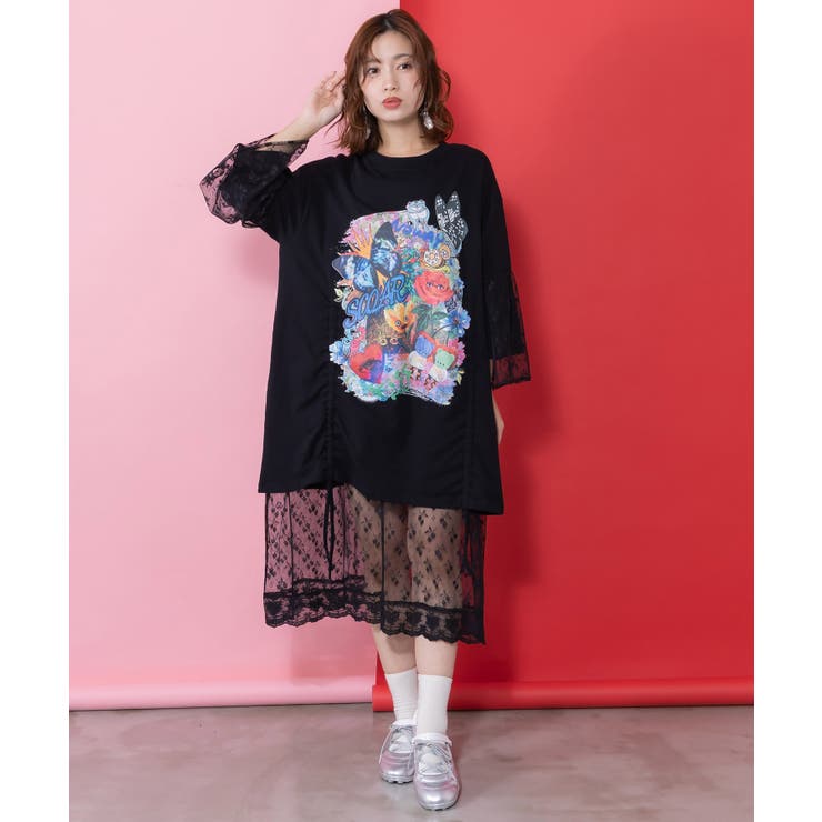 ブラック | アート柄レース切替チュニック | ScoLar