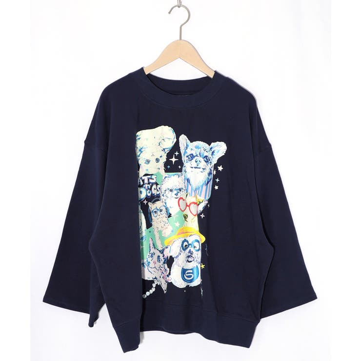 ネイビー | ラメ入りわんにゃん柄裏毛プルオーバー | ScoLar