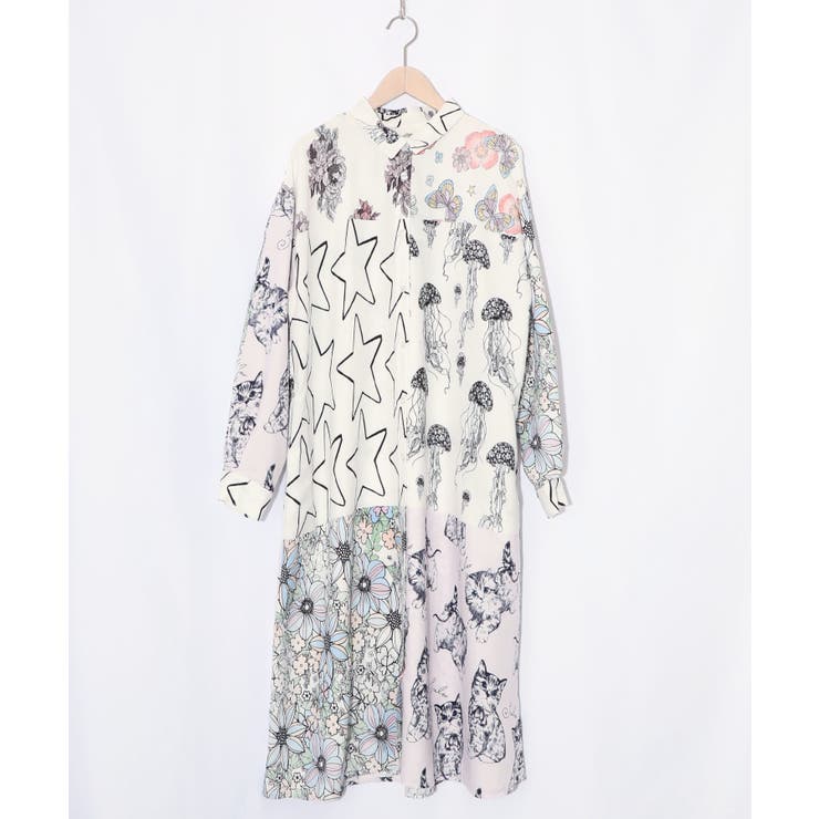 オフホワイト | パッチワーク風総柄シャツワンピース | ScoLar